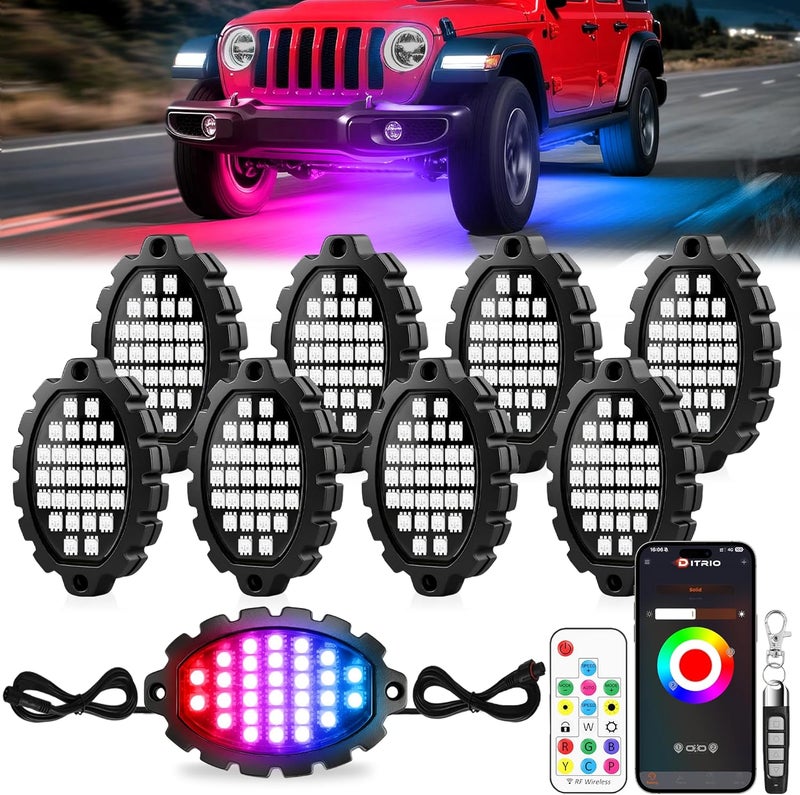DITRIO 8 Pods Metal Aluminum RGB Rock Lights for Trucks Jeep UTV SUV ATV Golf Cart, Multi Chasing Color App/Remote Control Led Rock Lights with Music Mode, Waterproof Exterior Underglow Kits for Cars - Image 1
